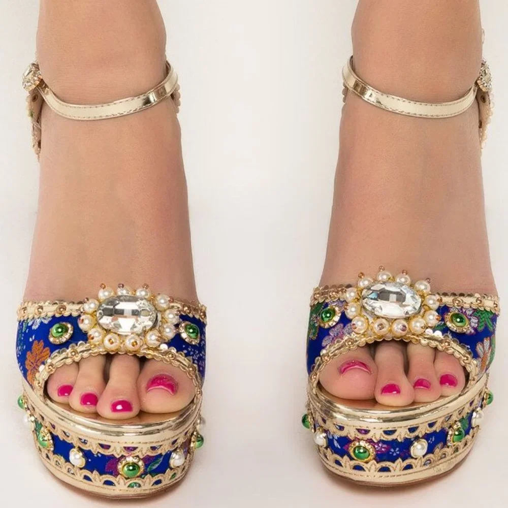 SOLD OUT ❤️ Callie Xhibit: Museum Platform Jeweled Tapestry Gold Pearl Heels 11 - Picture 3 of 5
